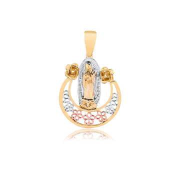 18K Gold Layered Oro Laminado Tri-Tone Our Lady of Guadalupe With Flower Religious Pendant 31.0024